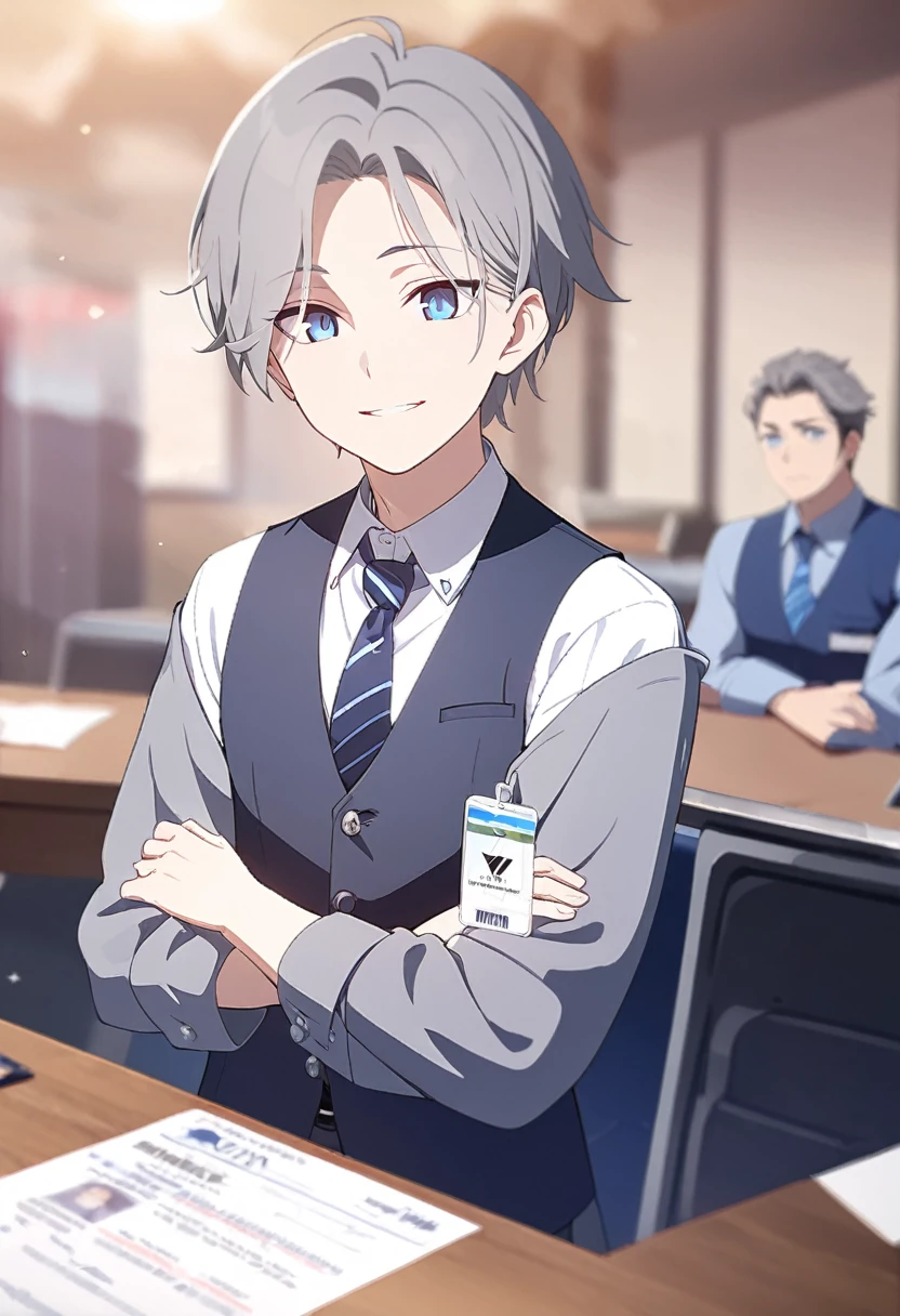 masterpiece,best quality,depth of field,8k,looking down at the viewer,man,gray hair,blue eyes,(charismatic eyes 1:1),Blue Eyes,wseifuku,Wearing a white shirt,gray suit pants,black oxford shoes,wearing a gray suit vest,alone,Wearing an employee ID around his neck,Blue Striped Tie,smiling,alone,I have dark circles,Fold up your shirt sleeves,Arms crossed,charismatic face
