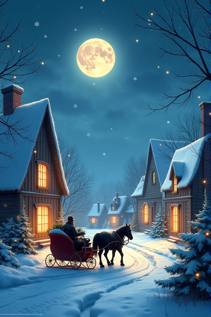 20. A peaceful Christmas night scene, with a full moon shining down on a quiet village covered in snow. The houses are decorated with lights, and a single window in each house glows warmly. A horse-drawn sleigh glides down the snow-covered street.