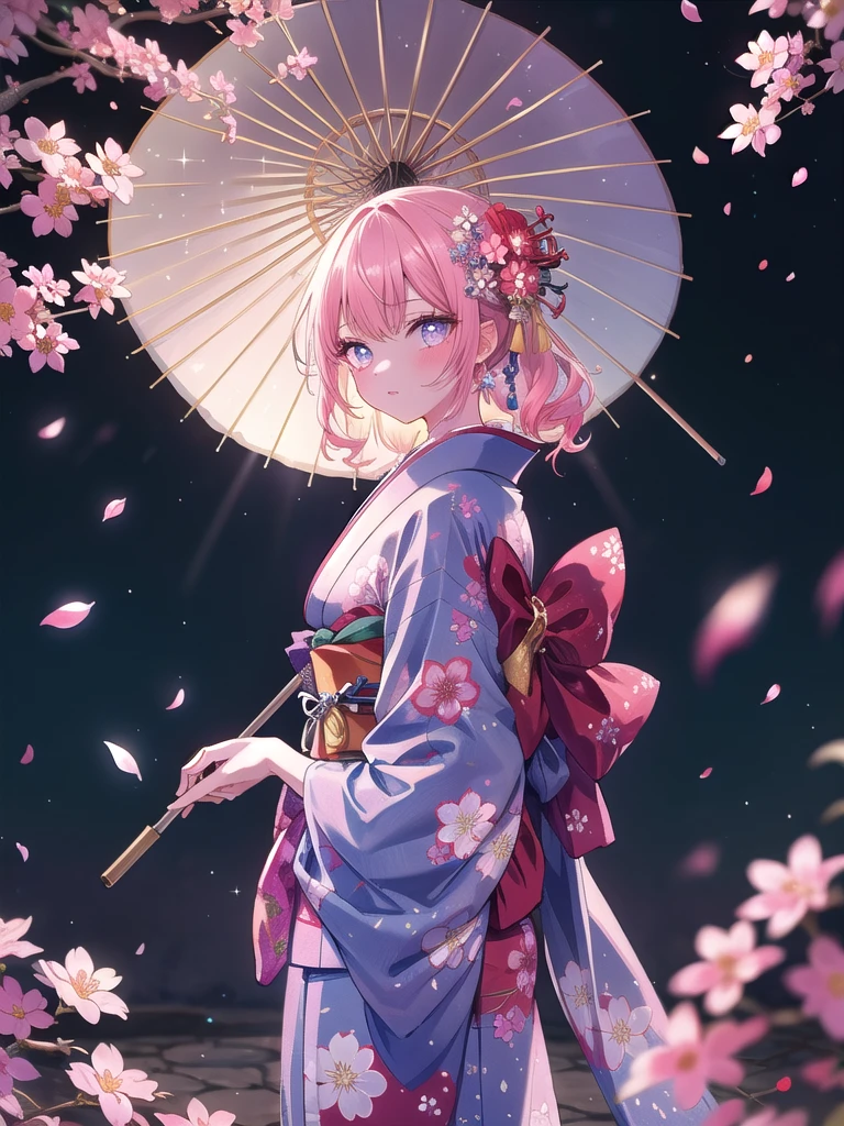 ((8k, Highest quality, masterpiece: 1.3)),Ultra-high resolution,(1 girl, alone), (Color changing eyes, Ultra-detailed, Expressive brilliance, Glitter, Glowing Eyes), Highly detailed eyes, Highly detailed face, Random Hair, ((pastel colour)),A young woman with pastel pink hair styled into elegant curls, wearing a traditional Japanese kimono in deep red with gold and white floral patterns. The kimono is intricately wrapped, with an obi tied in a large bow at her back. She stands gracefully in a traditional Japanese garden during the early morning, the first light of dawn casting a soft glow on the scene. The camera captures her from a side angle as she delicately holds a paper parasol, her gaze serene and reflective. Cherry blossoms are in full bloom around her, their petals gently falling as a light breeze passes by.