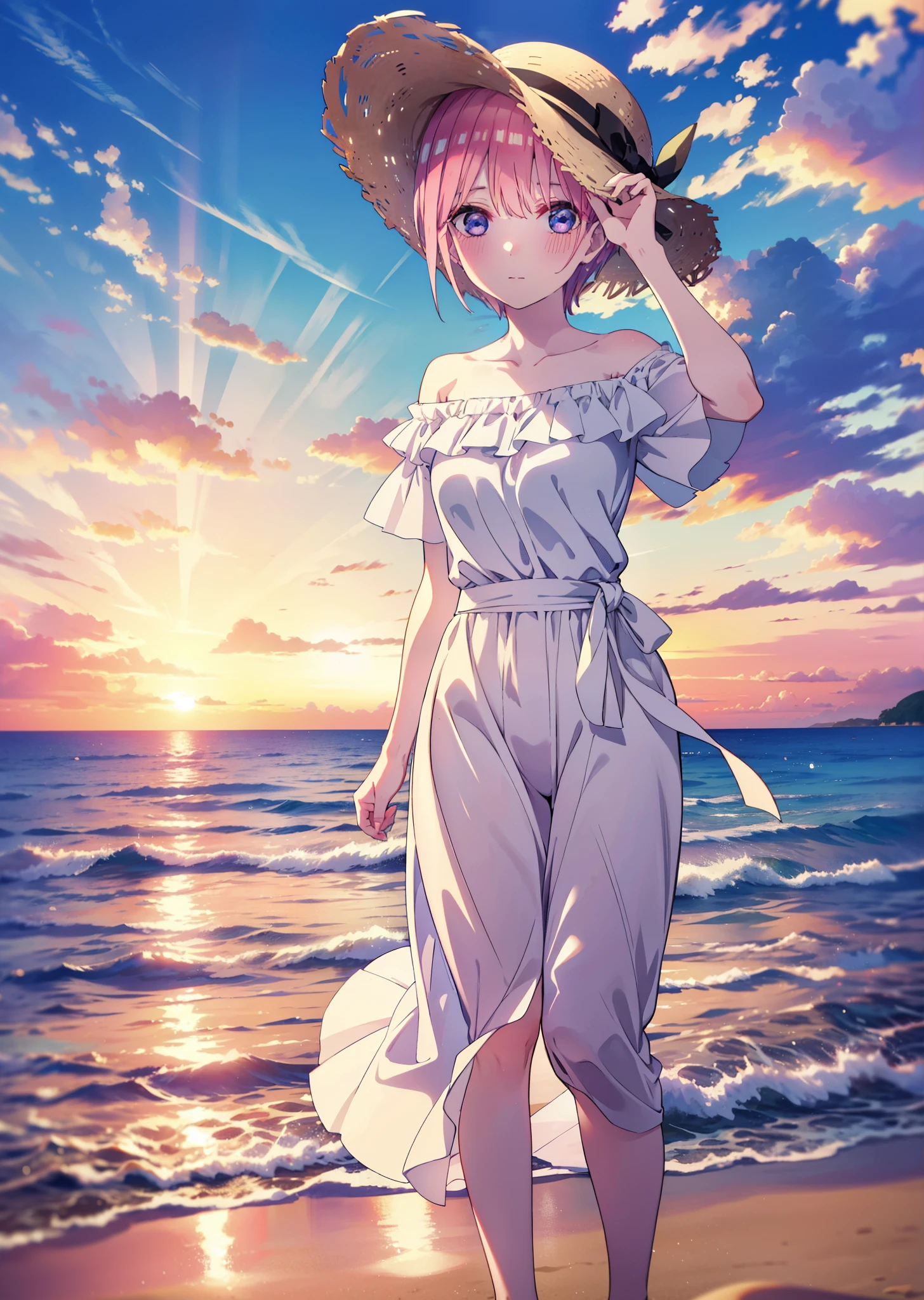 ichikanakano, Nakano Ichika, short hair, bangs, blue eyes, Hair between the eyes, Pink Hair, smile,blush,Open your mouth,Straw hat,White off-shoulder dress,Short sleeve,Long skirt,barefoot,Walking,sunset,evening,The sun is setting,Strolling on the sandy beach,
break outdoors, Beach,
break looking at viewer, whole body,
break (masterpiece:1.2), Highest quality, High resolution, unity 8k wallpaper, (figure:0.8), (Beautiful attention to detail:1.6), Highly detailed face, Perfect lighting, Highly detailed CG, (Perfect hands, Perfect Anatomy),