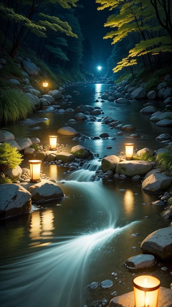 break, calm, recuperation, Heles, Scenery of Korea, night scene, A small stream flowing on the edge, candles, Scales floating in the air