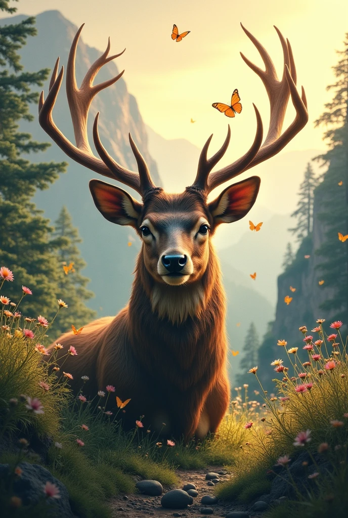 Create a deer head in Nature with Mountains trees sun and a little mystic touch ,butterflys,warm touch,flowers,