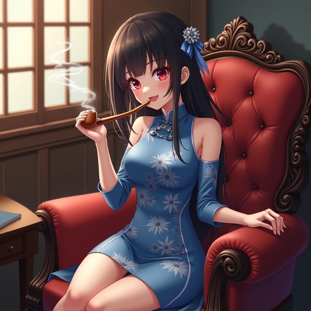 masterpiece, best、1girl, 20yo、tegaki、black hair, red eyes, seductive smile、blue China dress、Japanese smoking pipe、luxury chair、sit on a chair、foot focus、Smoke、 masterpiece, best quality,