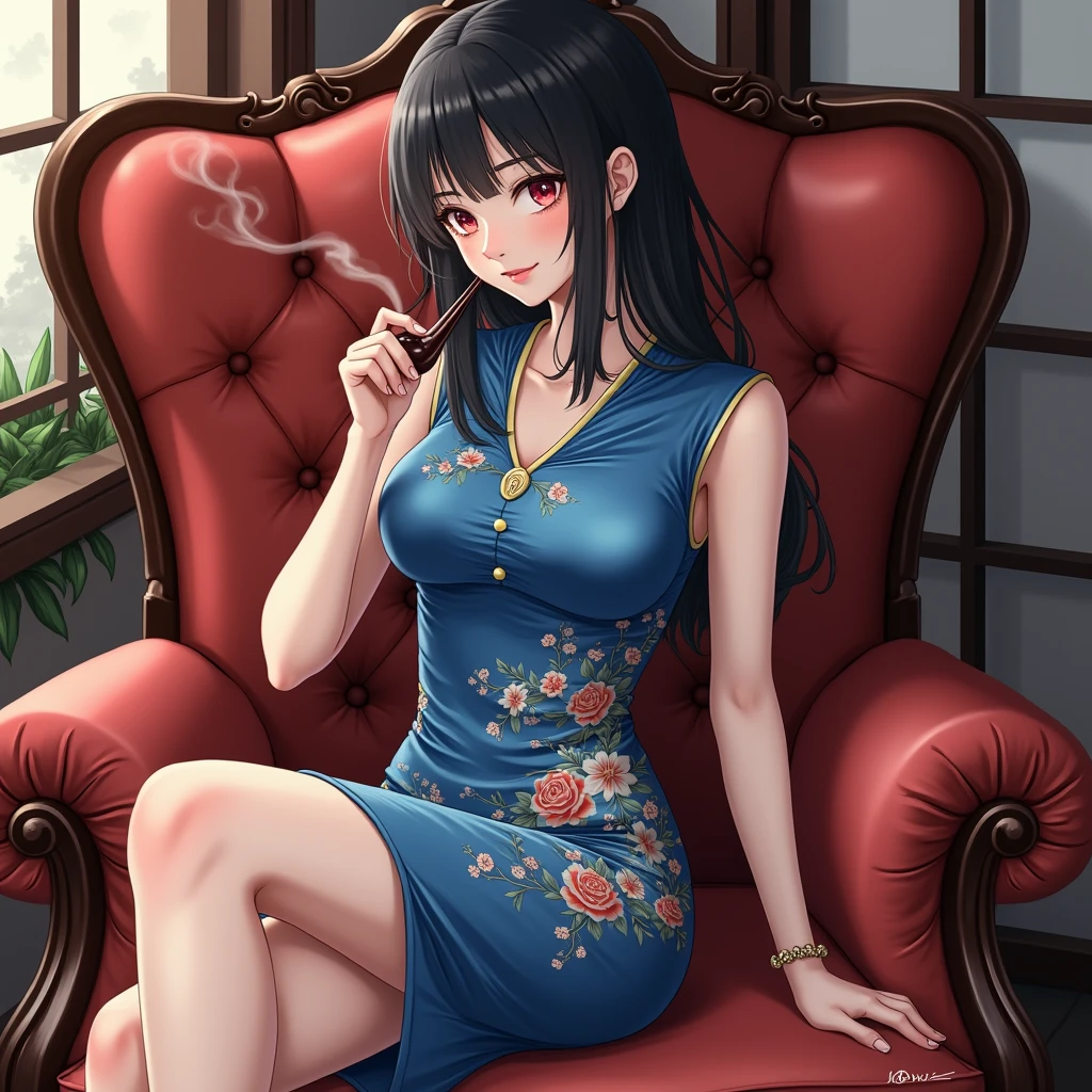 masterpiece, best、1girl, 20yo、tegaki、black hair, red eyes, seductive smile、blue China dress、Japanese smoking pipe、luxury chair、sit on a chair、foot focus、Smoke、 masterpiece, best quality,