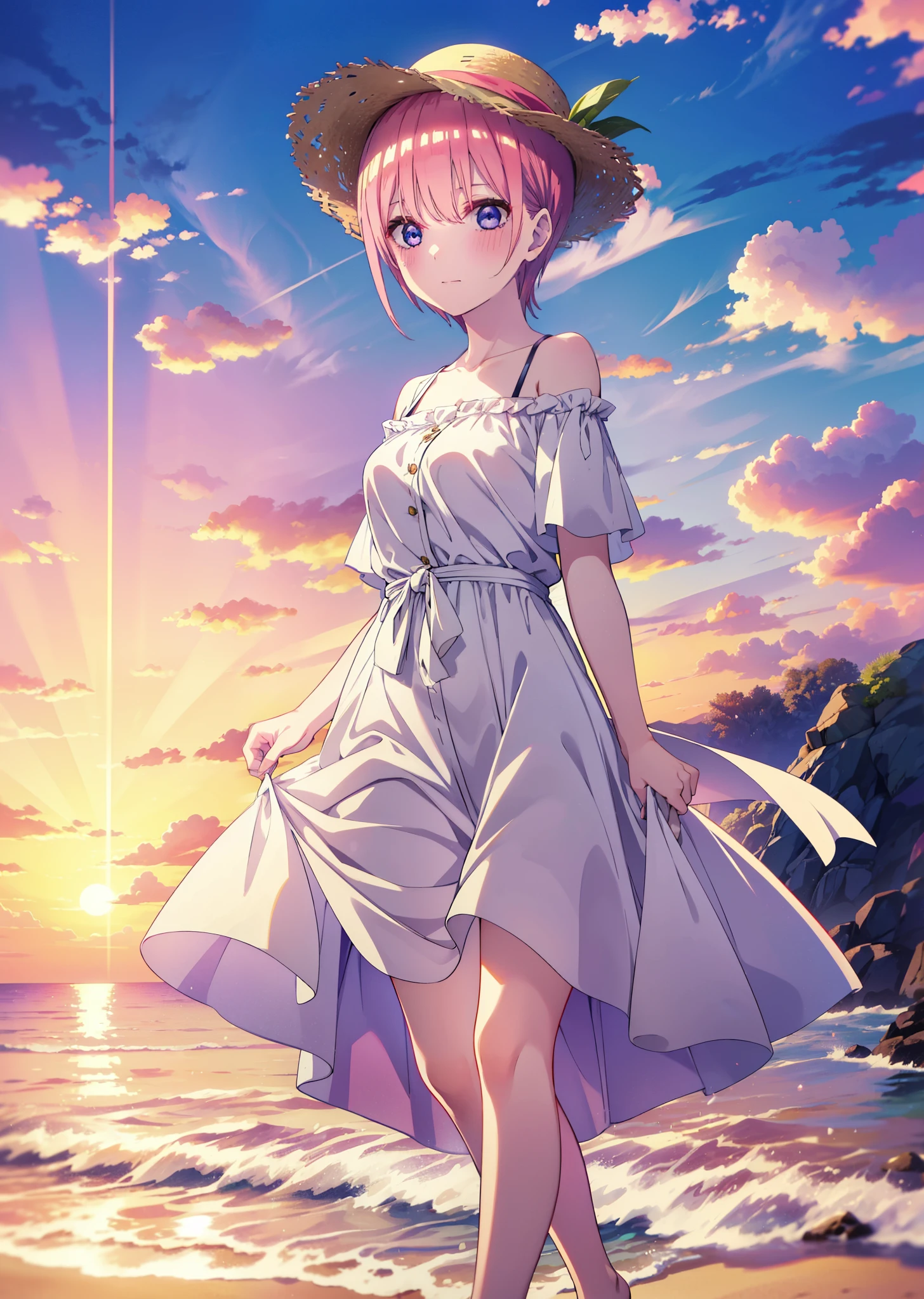 ichikanakano, Nakano Ichika, short hair, bangs, blue eyes, Hair between the eyes, Pink Hair, smile,blush,Open your mouth,Straw hat,White off-shoulder dress,Short sleeve,Long skirt,barefoot,Walking,sunset,evening,The sun is setting,Strolling on the sandy beach,
break outdoors, Beach,
break looking at viewer, whole body,
break (masterpiece:1.2), Highest quality, High resolution, unity 8k wallpaper, (figure:0.8), (Beautiful attention to detail:1.6), Highly detailed face, Perfect lighting, Highly detailed CG, (Perfect hands, Perfect Anatomy),
