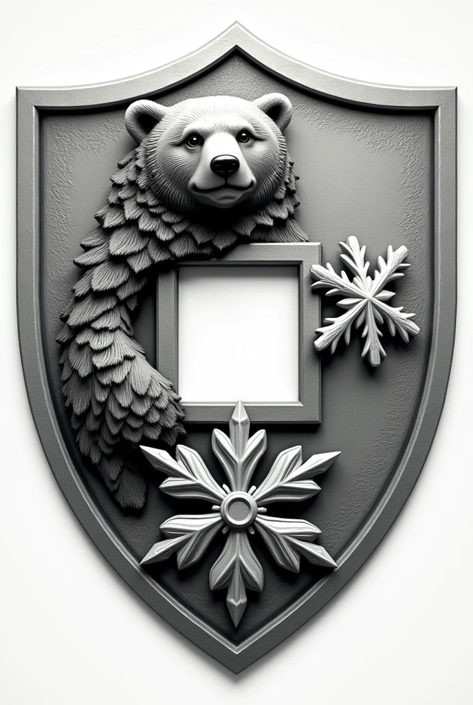Create a simple coat of arms 80cm x 60 cm with half a bear on the left and half a snowflake on the right side in the middle a square recess 20x20 cm 