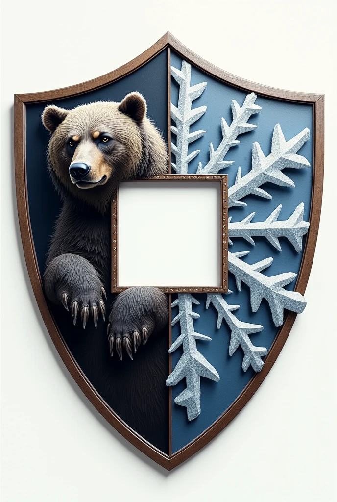 Create a simple coat of arms 80cm x 60 cm with half a bear on the left and half a snowflake on the right side in the middle a square recess 20x20 cm 