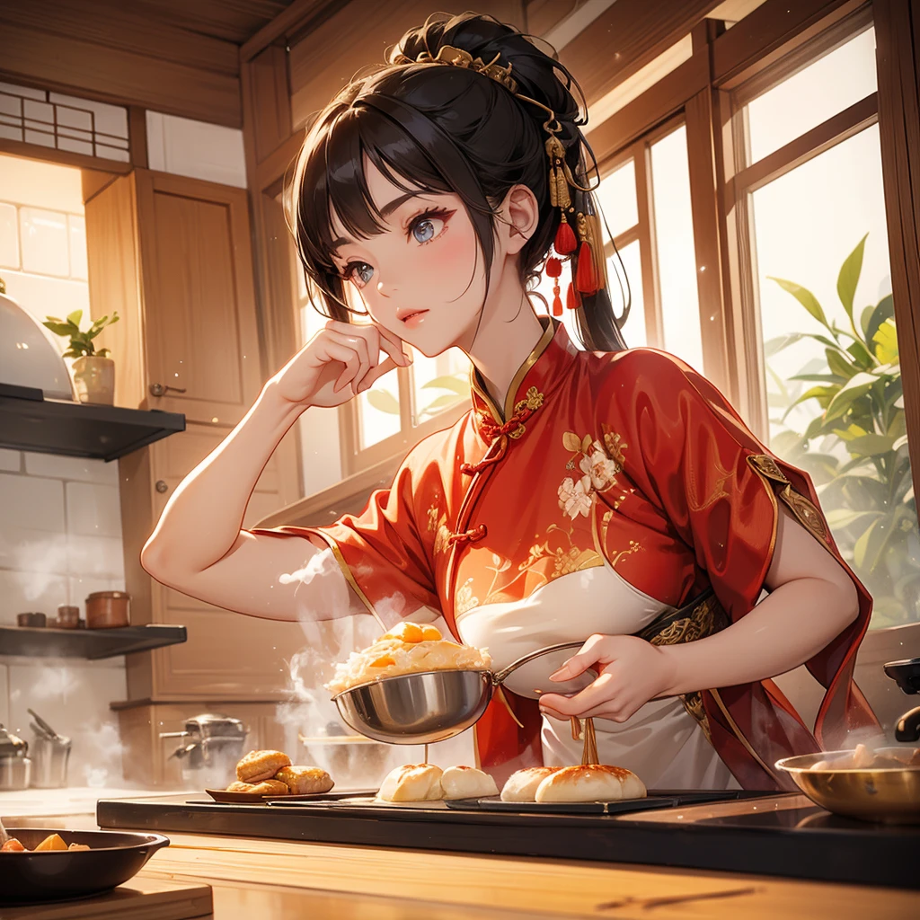 Beautiful girl in ancient Chinese costume Standing and cooking in the kitchen, in the middle of the day. The sun shines on my face, my eyes sparkle. There is a place for steaming steamed buns nearby, close up.