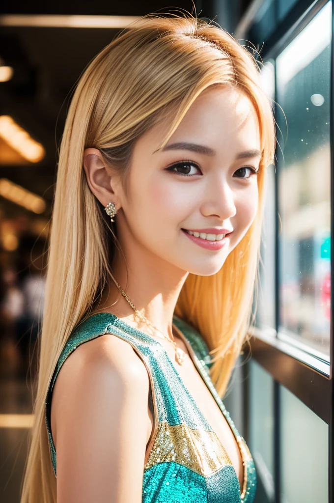 (best quality, 4k ,8k, highres, masterpiece:1.2), ultra-detailed, (realistic, photorealistic, photo-realistic:1.37), closeup, beautiful Thai woman, (slim girl), (happy smile), long lashes, beautiful makeup, platinum blonde hair, fair skin, slender figure, elegant posture, wearing large sparkling colorful jewelery, wearing a business style leather dress, standing in a large shopping mall, gentle sunlight shining through the shopping mall windows, casting a soft glow on her face, adding warmth to the scene, vibrant colors, capturing the essence of vibrant city life, portrait style, showcasing her natural beauty and grace in a feminine way