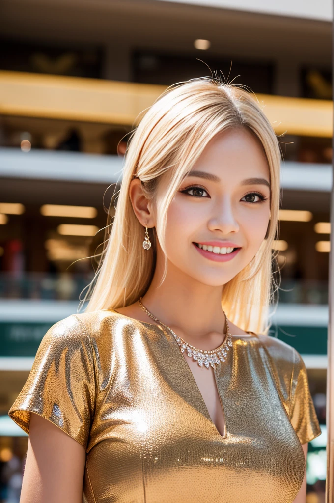 (best quality, 4k ,8k, highres, masterpiece:1.2), ultra-detailed, (realistic, photorealistic, photo-realistic:1.37), closeup, beautiful Thai woman, (slim girl), (happy smile), long lashes, beautiful makeup, platinum blonde hair, fair skin, slender figure, elegant posture, wearing large sparkling colorful jewelery, wearing a business style leather dress, standing in a large shopping mall, gentle sunlight shining through the shopping mall windows, casting a soft glow on her face, adding warmth to the scene, vibrant colors, capturing the essence of vibrant city life, portrait style, showcasing her natural beauty and grace in a feminine way