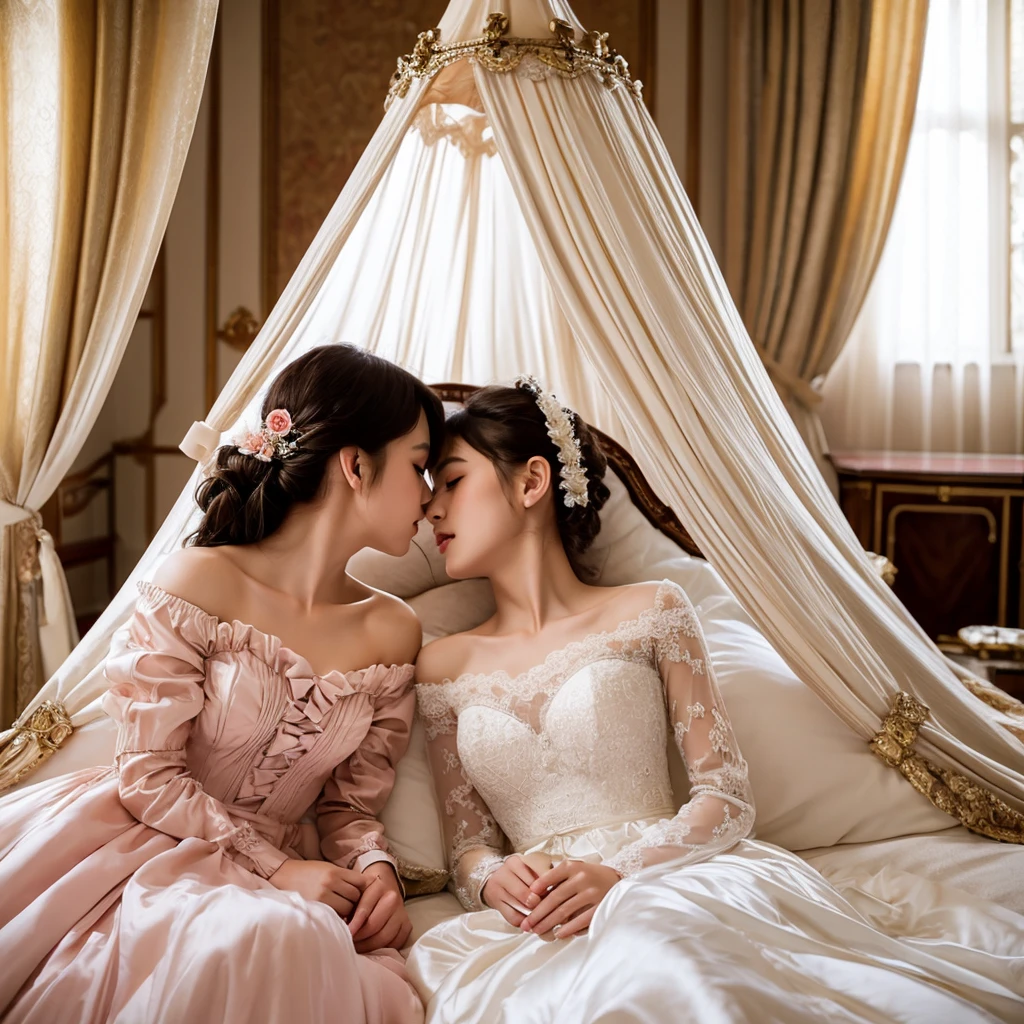 highest quality, masterpiece, highest resolution, artwork, super get used to it, many become familiar with, become familiar with, get used to it, woman, ,the two girls are brides, wedding dress,long sleeve,long dress,A dress with lots of frills and ribbons.,luxury,Two kiss,high quality dresses,In a luxurious bedroom, a luxurious canopy bed,girls on the bed, enjoying the kiss, tattered dress, taking clothes off,