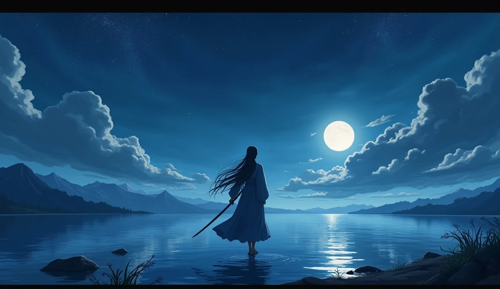One picture describes five scenes,Movie storyboard scene 1:The sky rises straight up and destroys the vast,The Endless Tai Chi Long Scene 2:I haven't seen blood and grief for years,Forgetting Life and Death and Living in the Dust, Scene 3:Flying Stars Fly Far Away Crossing the Guan River,Ask the Lotus How to Know the Color of Ice and Snow Scene 4:Why hate the desolation after drinking,One Sorrow Is Not Enough to Unite the River Scene 5:The moon falls on the eaves of clothes,Borrowing a sword to pick flowers and scatter branches, long hair male, dark night, walking on the water, anime style, 4k quality
