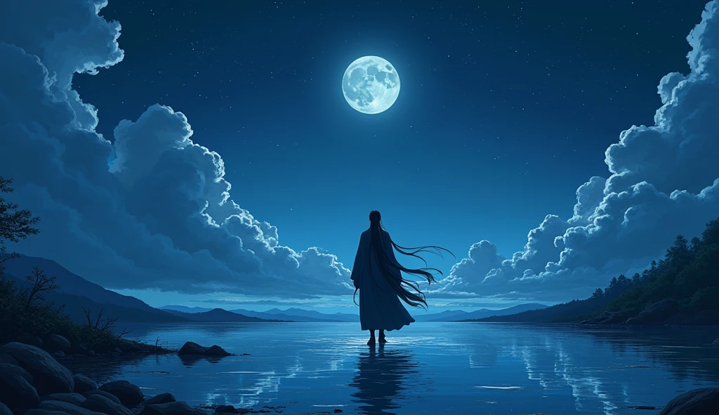 One picture describes five scenes，Movie storyboard scene 1:The sky rises straight up and destroys the vast，The Endless Tai Chi Long Scene 2:I haven&#39;t seen blood and grief for years，Forgetting Life and Death and Living in the Dust, Scene 3:Flying Stars Fly Far Away Crossing the Guan River，Ask the Lotus How to Know the Color of Ice and Snow Scene 4:Why hate the desolation after drinking，One Sorrow Is Not Enough to Unite the River Scene 5:The moon falls on the eaves of clothes，Borrowing a sword to pick flowers and scatter branches, long hair male, dark night, walking on the water, anime style, 4k quality
