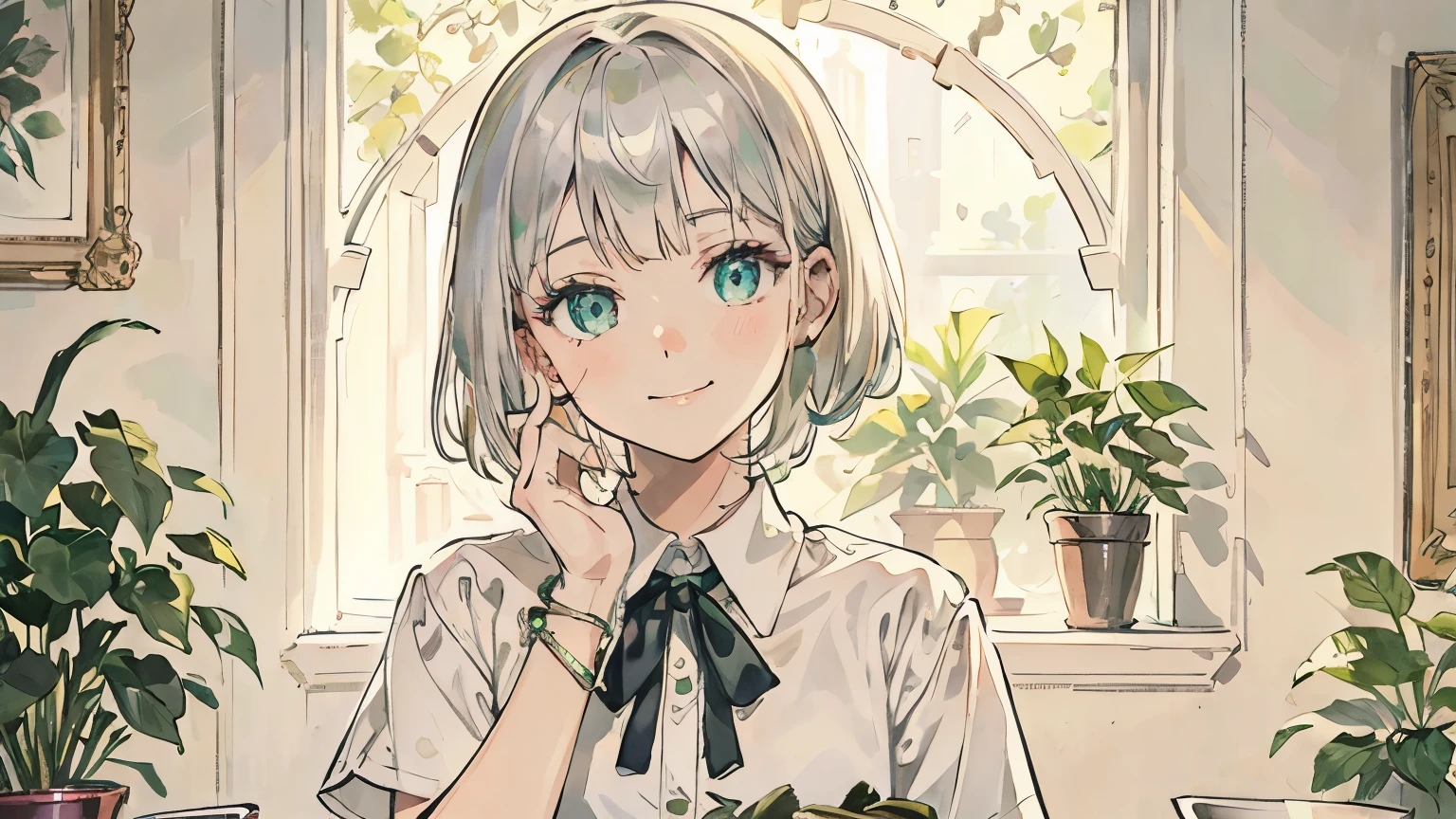 1 woman, platinum silver hair, medium hair, white collared shirt (short sleeves), bracelet, masterpiece, masterpiece, highest quality, detailed, 5 fingers, squinting and smiling, in the room, green You can see the houseplants in the background.