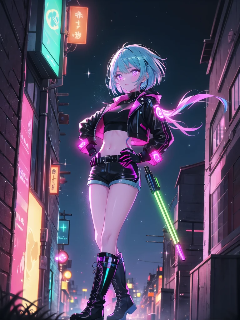 ((8k, Highest quality, masterpiece: 1.3)),Ultra-high resolution,(1 girl, alone), (Color changing eyes, Ultra-detailed, Expressive brilliance, Glitter, Glowing Eyes), Highly detailed eyes, Highly detailed face, Random Hair, ((pastel colour)),A lively young woman with short, pastel blue hair styled in a messy bob, wearing a futuristic cyberpunk-inspired outfit. Her attire includes a black leather jacket with neon blue accents, a crop top with holographic designs, and high-waisted shorts with metal buckles. She also wears knee-high boots and fingerless gloves, completing her edgy look. The camera captures her from a low angle in a neon-lit alleyway at night, with city lights and holographic advertisements glowing behind her. She holds a glowing energy weapon in one hand, her expression confident and ready for action, with her other hand on her hip.