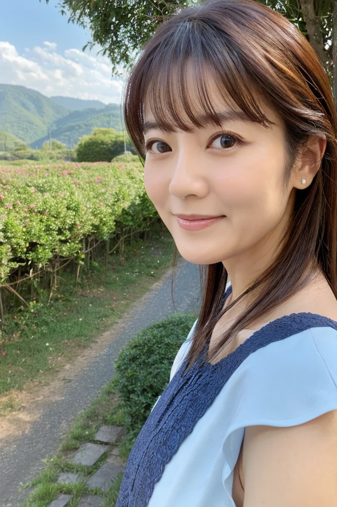 ((Highest quality)), ((masterpiece)), (detailed), Perfect Face,Japanese,landscape,Mature Woman,Upper Body,F Cup