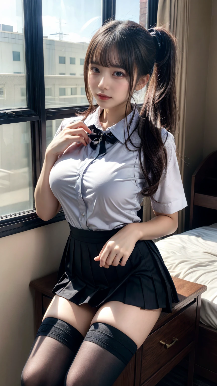 (8K, RAW Photos, Highest quality, masterpiece:1.2), (professional photography, full colors, studio-caliber color grading), (Gravure quality for high-end fashion magazines), BREAK,18 year old girl, (fluffy ponytail:1.2), Big Natural Color Lip, Plumpy body, (smooth skin:1.1), huge , BREAK, (collared shirt:1.1), pleated skirt, knee high socks, BREAK, hotel room, cute , lolita
