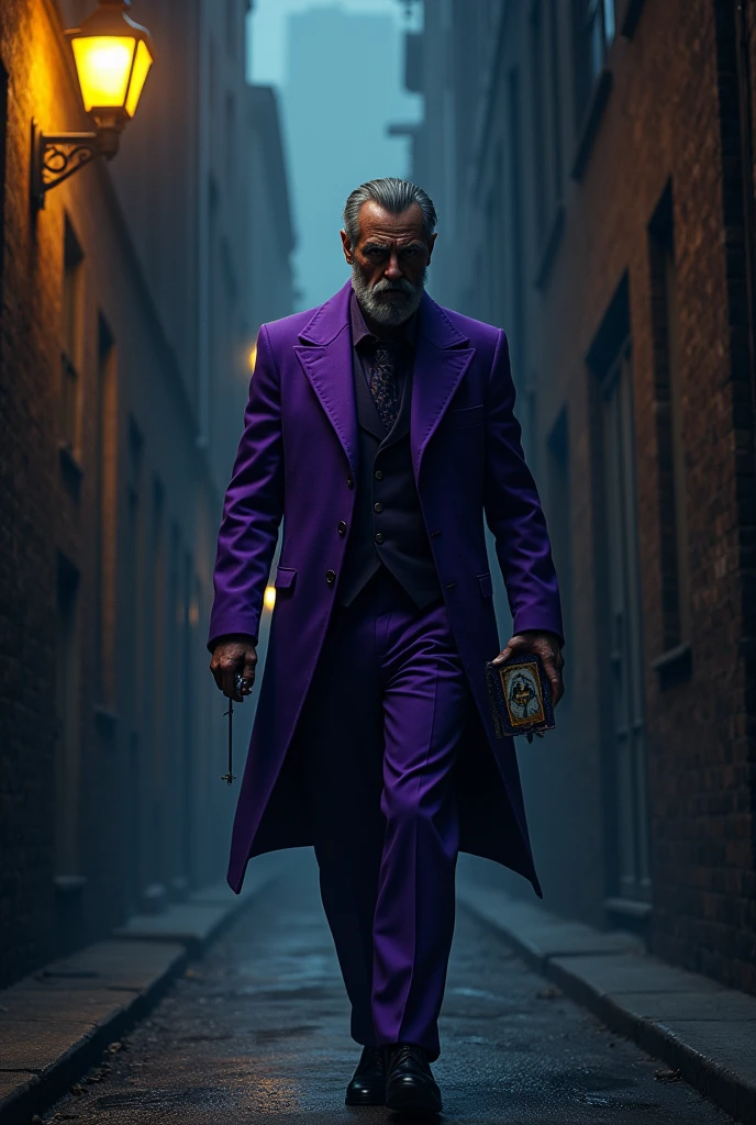 (realisitic) Wearing a purple suit, holding bad luck cards in his right hand, holding a glass of whiskey in his left hand, cigarette in the mouth, walking down a dark alley lit by a yellow street lamp