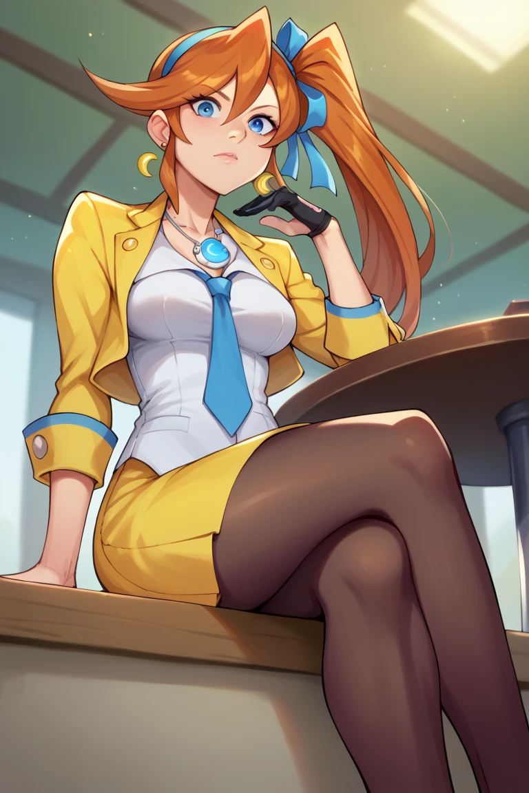 1girl, solo, breasts, athena cykes, side ponytail, hair ribbon, yellow jacket, blue necktie, single glove, yellow skirt, pantyhose, jewelry, necklace, crescent earrings, from below, sitting, table, courtroom, looking at viewer, on table,