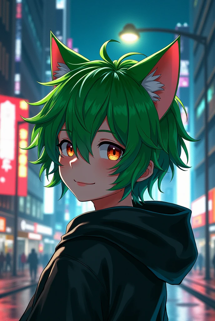 Anime man with cat ear green hair greenhood
(Background nightcity