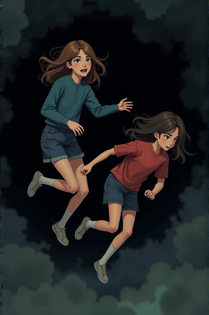 Two girls and two boys falling into a black thing