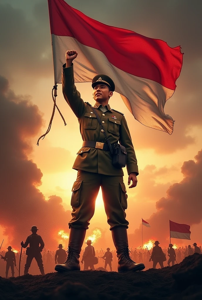 "A proud Indonesian soldier stands tall, celebrating the 79th anniversary of Indonesia's independence. He is in full military uniform, holding the Indonesian flag high with one hand, while his other hand forms a fist in a gesture of victory. His face shows determination and pride. The background depicts a fierce battle scene, with smoke, explosions, and historical Indonesian fighters clashing against colonial forces. The atmosphere is intense, with a mix of fiery orange and deep red tones, symbolizing the struggle and sacrifice for freedom. Above, the words '79 Tahun Kemerdekaan Republik Indonesia' are boldly displayed in an inspiring, heroic font."