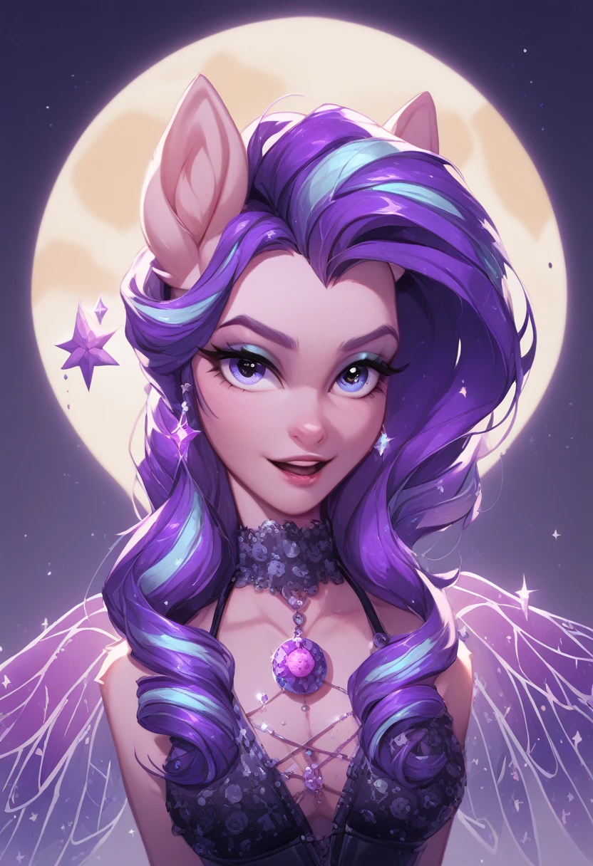 Pony Dryad a gorgeous dark bay mare with dark eyes, purple-tinted hooves, a star-shaped marking on her forehead, and shimmering violet wings., she wears strings of pearls with sun and moon symbols along her neck. Her mane and tail are entwined with strands of shimmering, translucent fabri