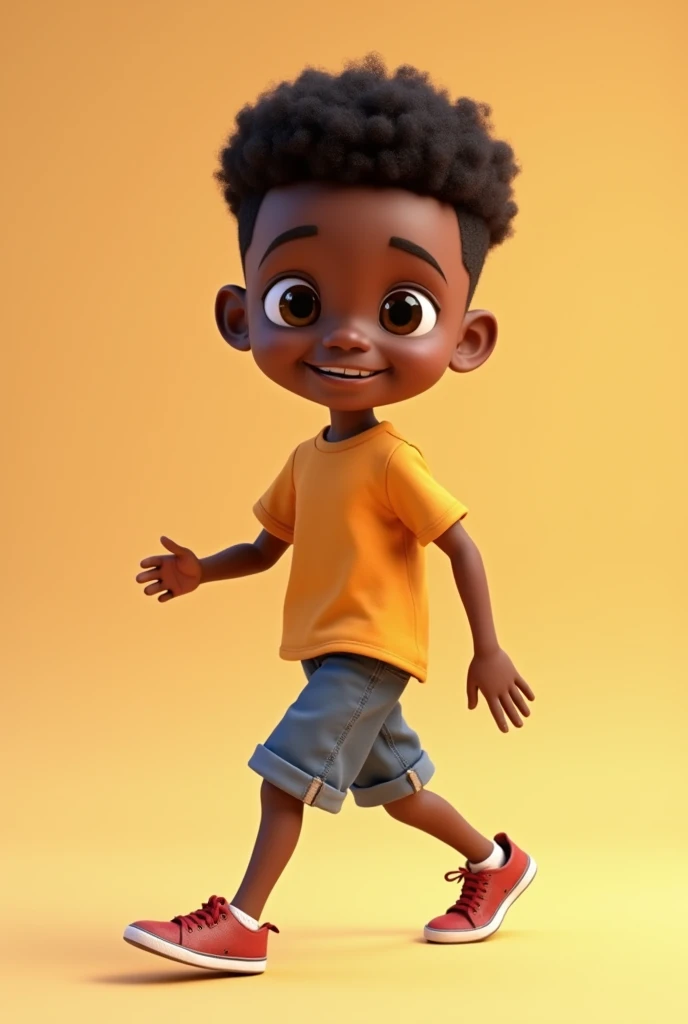Highly detailed full body 3D animation image of a seven year African American boy. Plain background. Disney, Pixar like