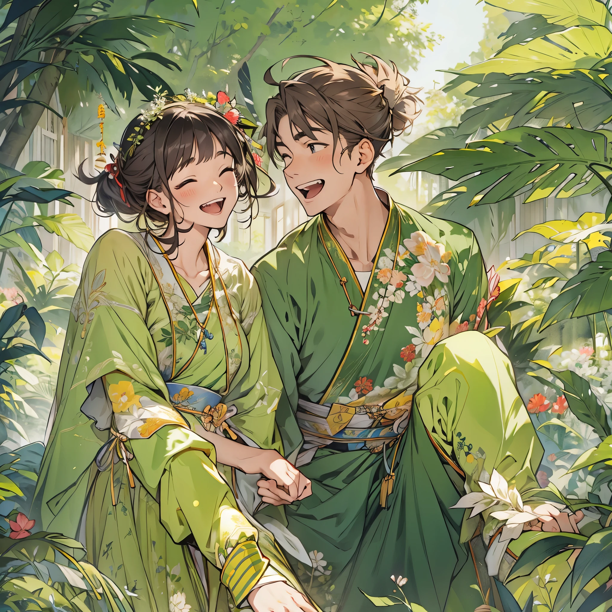 Inspired by the proponent of MBTI、A man and a woman in green clothes laughing and having fun。In a gentle atmosphere。