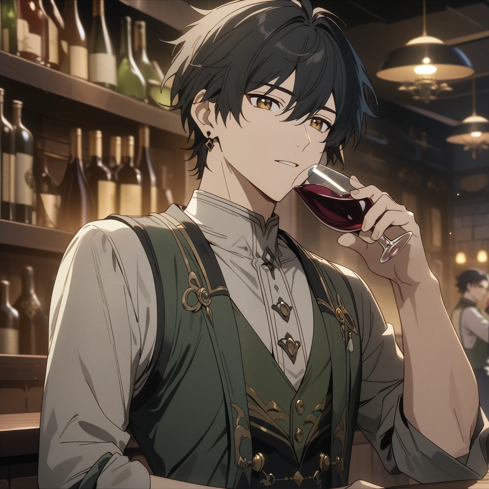 rover from wuthering waves, 1boy, drinking wine, black hair, souma shiki hair, gold eyes, handsome face, green waistcoat, waistcoat, folded sleeves, bar background, upper body, decorative, masterpiece, high quality, hd, 4k, upper body, genshin artstyle, black earings