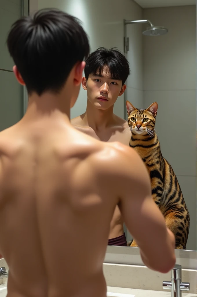 a hyper realistic image of a korean male showing off skin doing a mirror selfie with his bengal cat