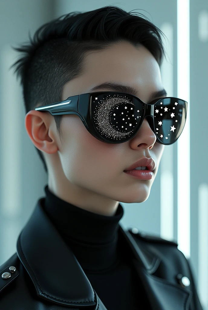 The model is wearing glass sunglasses with stars and the moon on the glass