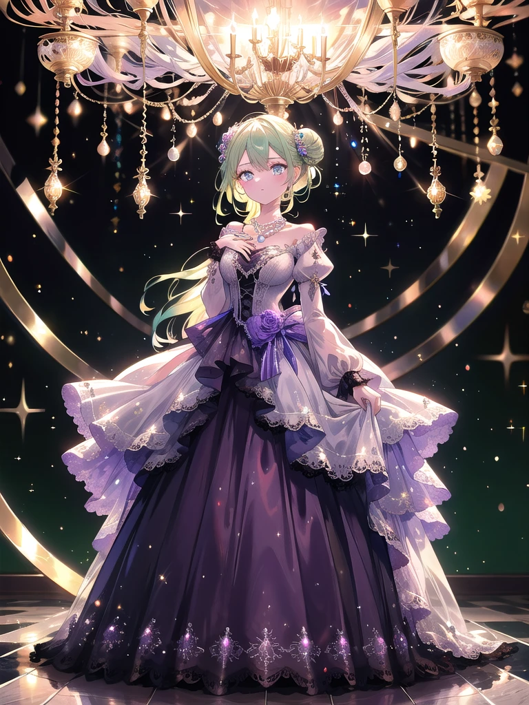 ((8k, Highest quality, masterpiece: 1.3)),Ultra-high resolution,(1 girl, alone), (Color changing eyes, Ultra-detailed, Expressive brilliance, Glitter, Glowing Eyes), Highly detailed eyes, Highly detailed face, Random Hair, ((pastel colour)),A graceful young woman with pastel green hair tied into a loose bun, dressed as a Victorian-era lady. She wears a flowing lavender gown with puffed sleeves, lace detailing, and a pearl necklace. The dress’s train elegantly sweeps the floor as she stands in a grand ballroom during a late evening gala, the chandelier above casting a soft, golden light on her. The camera captures her from the front, focusing on her poised and elegant stance as she gently holds a lace fan in one hand, her other hand delicately resting on her chest. The background features ornate walls, polished floors, and guests dancing in the distance.