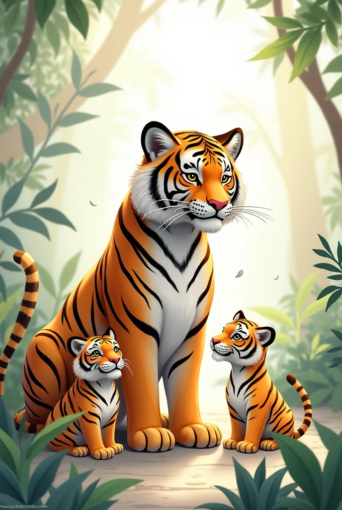 Watercolor wallpaper style image of a tigress and her two cubs