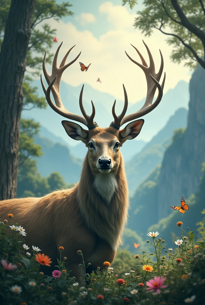 Create a deer head in Nature with Mountains trees  and a little mystic touch ,butterflys chill touch,flowers,