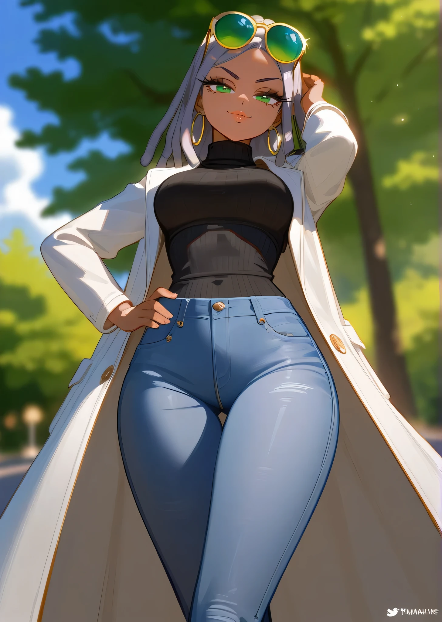 [marie itami], [brand new animal], [Uploaded to e621.net; (wamudraws), (Pixelsketcher)], ((masterpiece)), ((HD)), ((high res)), ((solo portrait)), ((waist-up)), ((front view)), ((low angle view)), ((detailed fur)), ((detailed shading)), ((beautiful render art)), ((intricate details)), {(human form), (attractive slim figure), (dark skin), (grey hair), (dreadlocks), (cute green eyes), (detailed iris), (long eyelashes), (curvy hips), (detailed legs), (beautiful legs), (smug smirk), (relaxed expression)}, {(black turtleneck sweater), (white coat), (tight lowrise jeans), (green sunglasses on head), (gold hoop earrings)}, {(walking), (handd on hips), (crossed legs), (looking at viewer)}, [ambient lighting, park, sun rays]