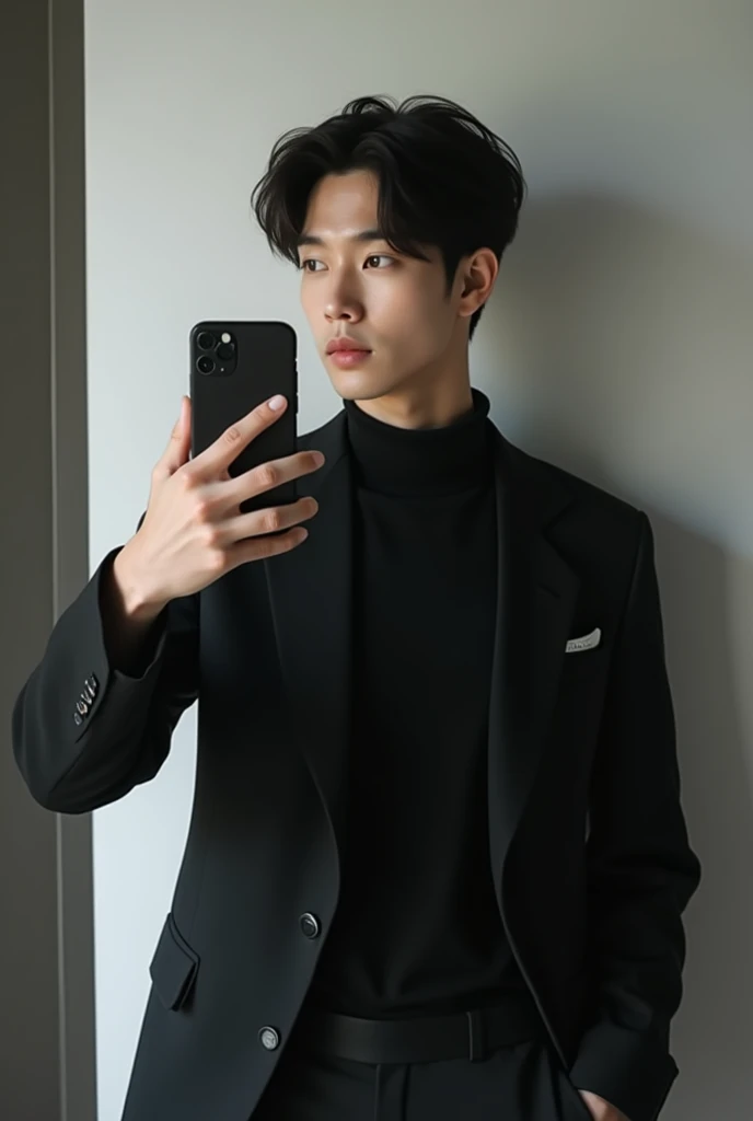 Young korean guy in black suit, taking mirror selfie, iphone 15, looking elsewhere, cute, long chin, tall, white complexion, normal haircut 