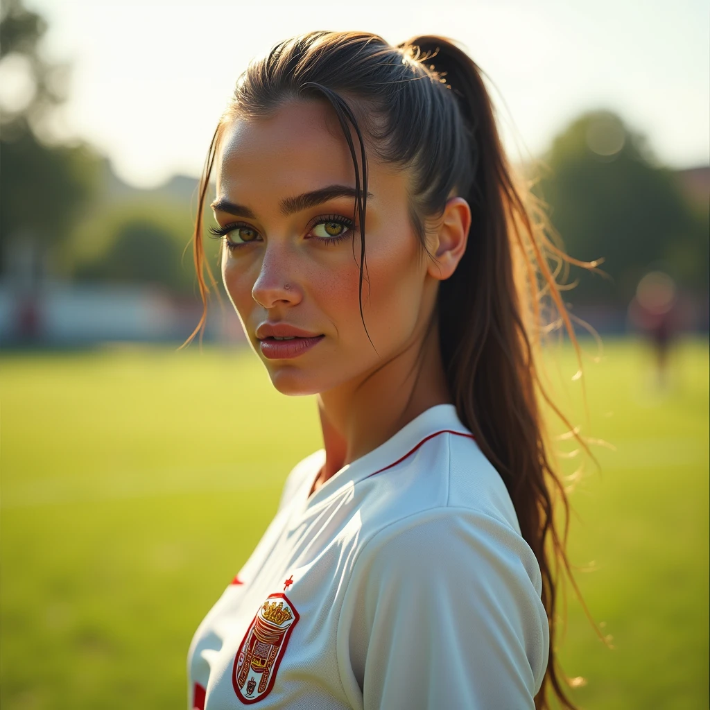 a woman wearing a white soccer jersey, beautiful detailed eyes, beautiful detailed lips, extremely detailed eyes and face, long eyelashes, sports jersey, dynamic pose, playing soccer, outdoor field, sunny day, lush green grass, (best quality,4k,8k,highres,masterpiece:1.2),ultra-detailed,(realistic,photorealistic,photo-realistic:1.37),sports,portrait