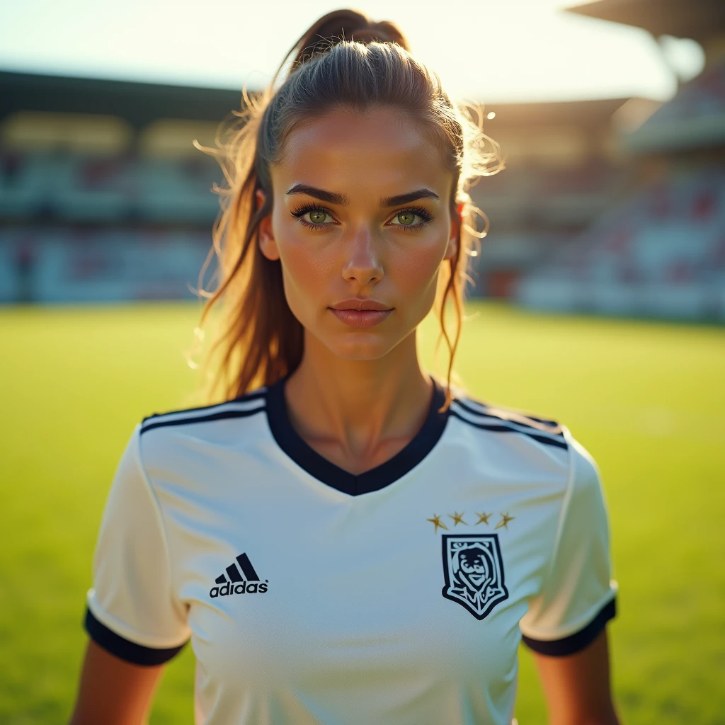 a woman wearing a white soccer jersey, beautiful detailed eyes, beautiful detailed lips, extremely detailed eyes and face, long eyelashes, sports jersey, dynamic pose, playing soccer, outdoor field, sunny day, lush green grass, (best quality,4k,8k,highres,masterpiece:1.2),ultra-detailed,(realistic,photorealistic,photo-realistic:1.37),sports,portrait