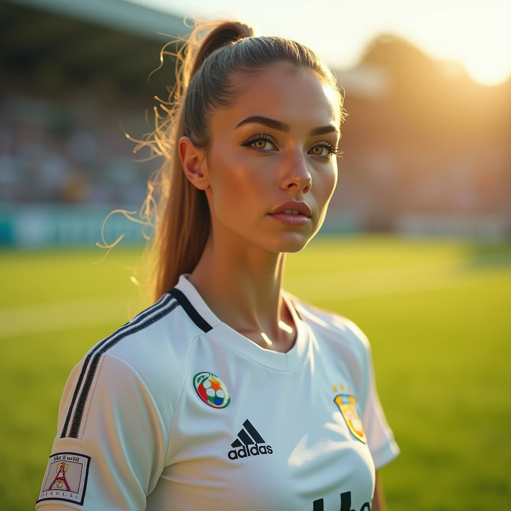 a woman wearing a white soccer jersey, beautiful detailed eyes, beautiful detailed lips, extremely detailed eyes and face, long eyelashes, sports jersey, dynamic pose, playing soccer, outdoor field, sunny day, lush green grass, (best quality,4k,8k,highres,masterpiece:1.2),ultra-detailed,(realistic,photorealistic,photo-realistic:1.37),sports,portrait