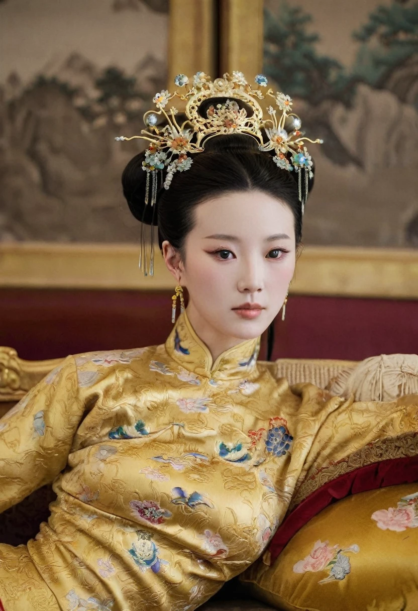 From the time before the Qing Dynasty, the Empress is seen naked on a golden sofa in her palace, her eyes wide open, her legs spread apart, her breasts large and bare. In the Chinese court of the Qing Dynasty, the Qing Empress, a Chinese Empress, with a large crown, is shown with her belly and thighs visible from below.。She is completely naked, showing off her gorgeous large flowers and hairpins, her hair tied up and pulled up, and the background is the luxurious palace of the Qing Dynasty empress.
