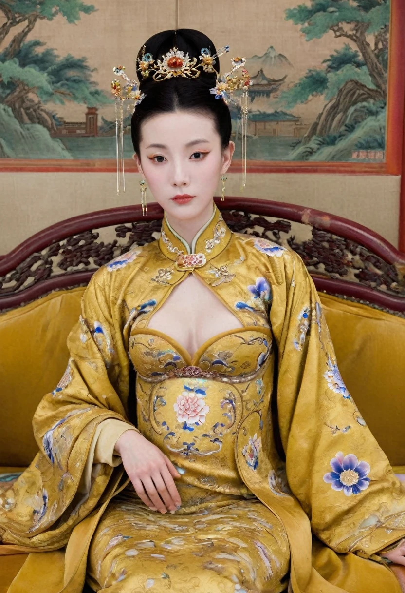 From the time before the Qing Dynasty, the Empress is seen naked on a golden sofa in her palace, her eyes wide open, her legs spread apart, her breasts large and bare. In the Chinese court of the Qing Dynasty, the Qing Empress, a Chinese Empress, with a large crown, is shown with her belly and thighs visible from below.。She is completely naked, showing off her gorgeous large flowers and hairpins, her hair tied up and pulled up, and the background is the luxurious palace of the Qing Dynasty empress.
