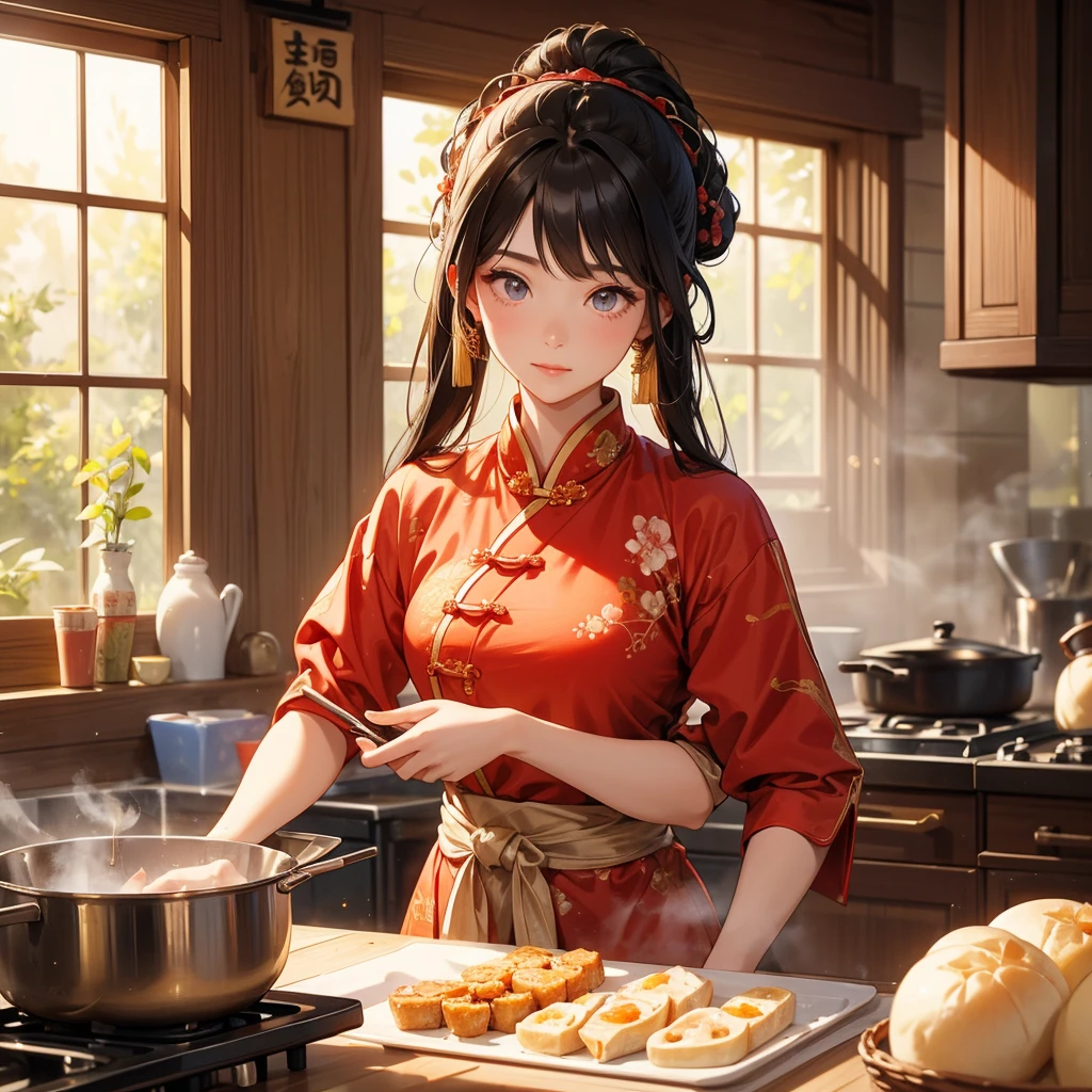 Beautiful girl in ancient Chinese costume Standing and cooking in the kitchen, in the middle of the day. The sun shines on my face, my eyes sparkle. There is a place for steaming steamed buns nearby, close up.