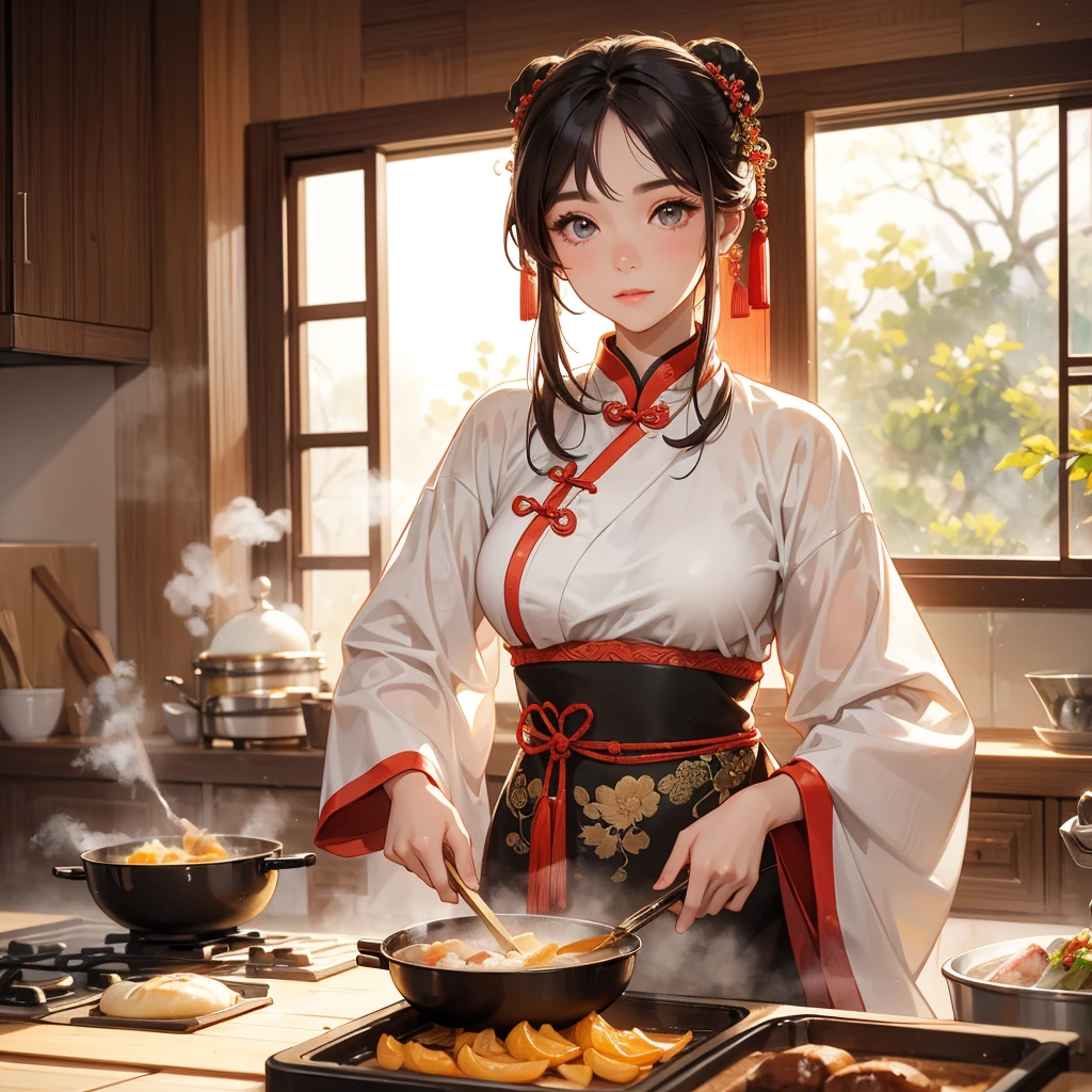 Beautiful girl in ancient Chinese costume Standing and cooking in the kitchen, in the middle of the day. The sun shines on my face, my eyes sparkle. There is a place for steaming steamed buns nearby, close up.