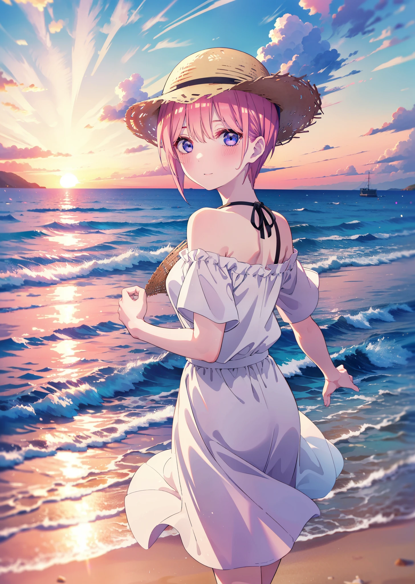 ichikanakano, Nakano Ichika, short hair, bangs, blue eyes, Hair between the eyes, Pink Hair, smile,blush,Open your mouth,Straw hat,White off-shoulder dress,Short sleeve,Long skirt,barefoot,Walking,sunset,evening,The sun is setting,Strolling on the sandy beach,
break outdoors, Beach,
break looking at viewer, whole body,
break (masterpiece:1.2), Highest quality, High resolution, unity 8k wallpaper, (figure:0.8), (Beautiful attention to detail:1.6), Highly detailed face, Perfect lighting, Highly detailed CG, (Perfect hands, Perfect Anatomy),