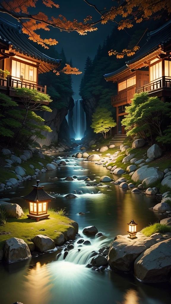 break, calm, recuperation, Heles, Scenery of Korea, night scene, A small stream flowing on the edge, candles, Scales floating in the air