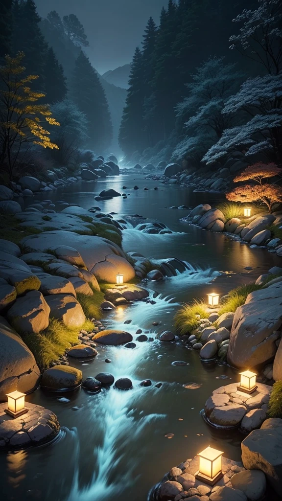 break, calm, recuperation, Heles, Scenery of Korea, night scene, A small stream flowing on the edge, candles, Scales floating in the air