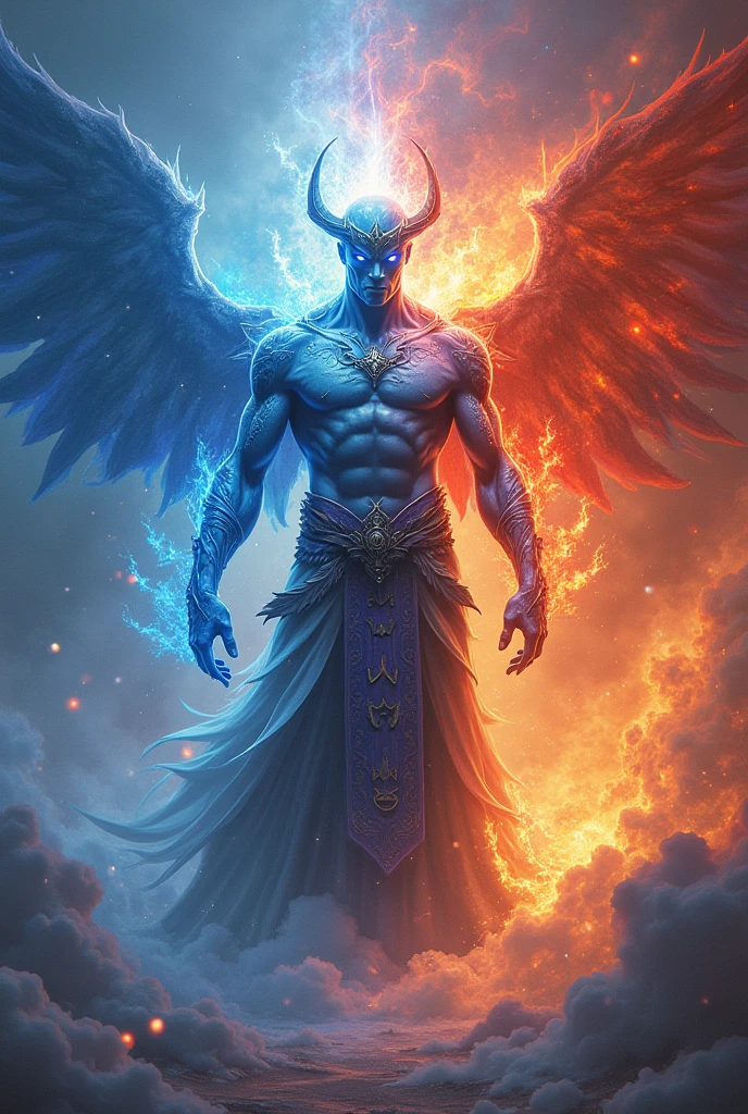 Create a god of fire and Ice mainly with a blue red and purple color palette