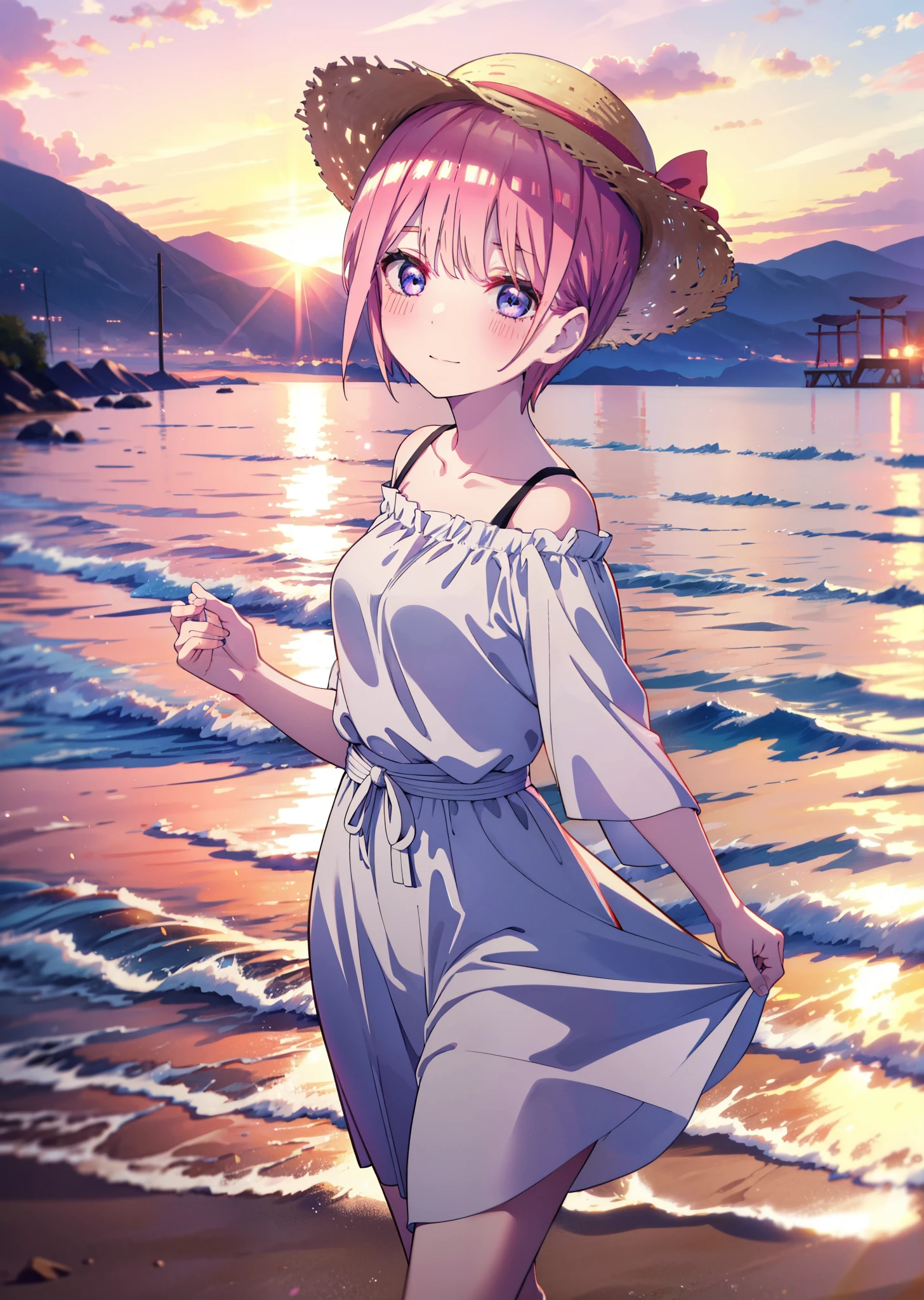 ichikanakano, Nakano Ichika, short hair, bangs, blue eyes, Hair between the eyes, Pink Hair, smile,blush,Open your mouth,Straw hat,White off-shoulder dress,Short sleeve,Long skirt,barefoot,Walking,sunset,evening,The sun is setting,Strolling on the sandy beach,
break outdoors, Beach,
break looking at viewer, whole body,
break (masterpiece:1.2), Highest quality, High resolution, unity 8k wallpaper, (figure:0.8), (Beautiful attention to detail:1.6), Highly detailed face, Perfect lighting, Highly detailed CG, (Perfect hands, Perfect Anatomy),