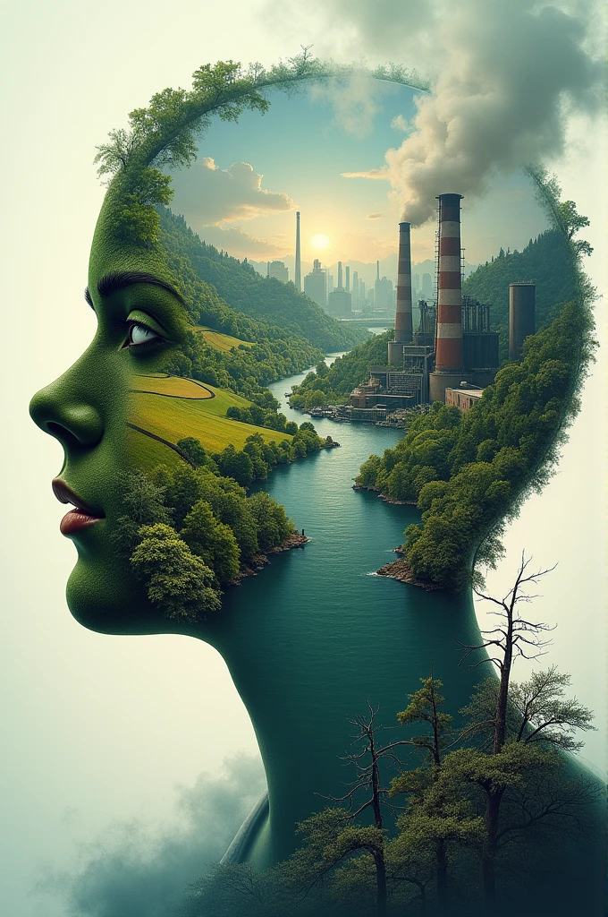 draw me a poster, (portrait) Left side of the face is a healthy environment with beutifull landscape and the right side of the face is the landscape that has been developed by humans, manifacture(factories) and waste something like that